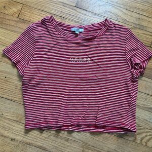 GUESS Red & White Striped Cropped Tee